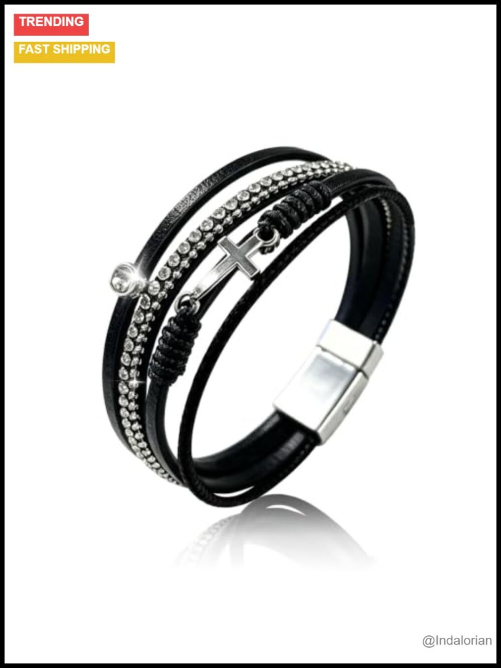 Boho Faux Leather Wrap Cuff Bracelet with Cross Charm Stackable Women